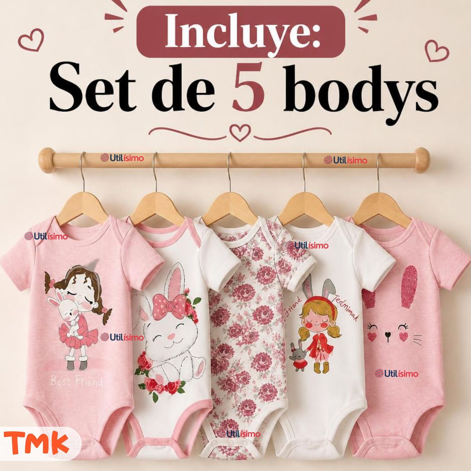 Pack 5 Bodys Manga Corta 100% Algod&oacute;n Tedmimak Ni&ntilde;a Pink Bunny image number 1.0
