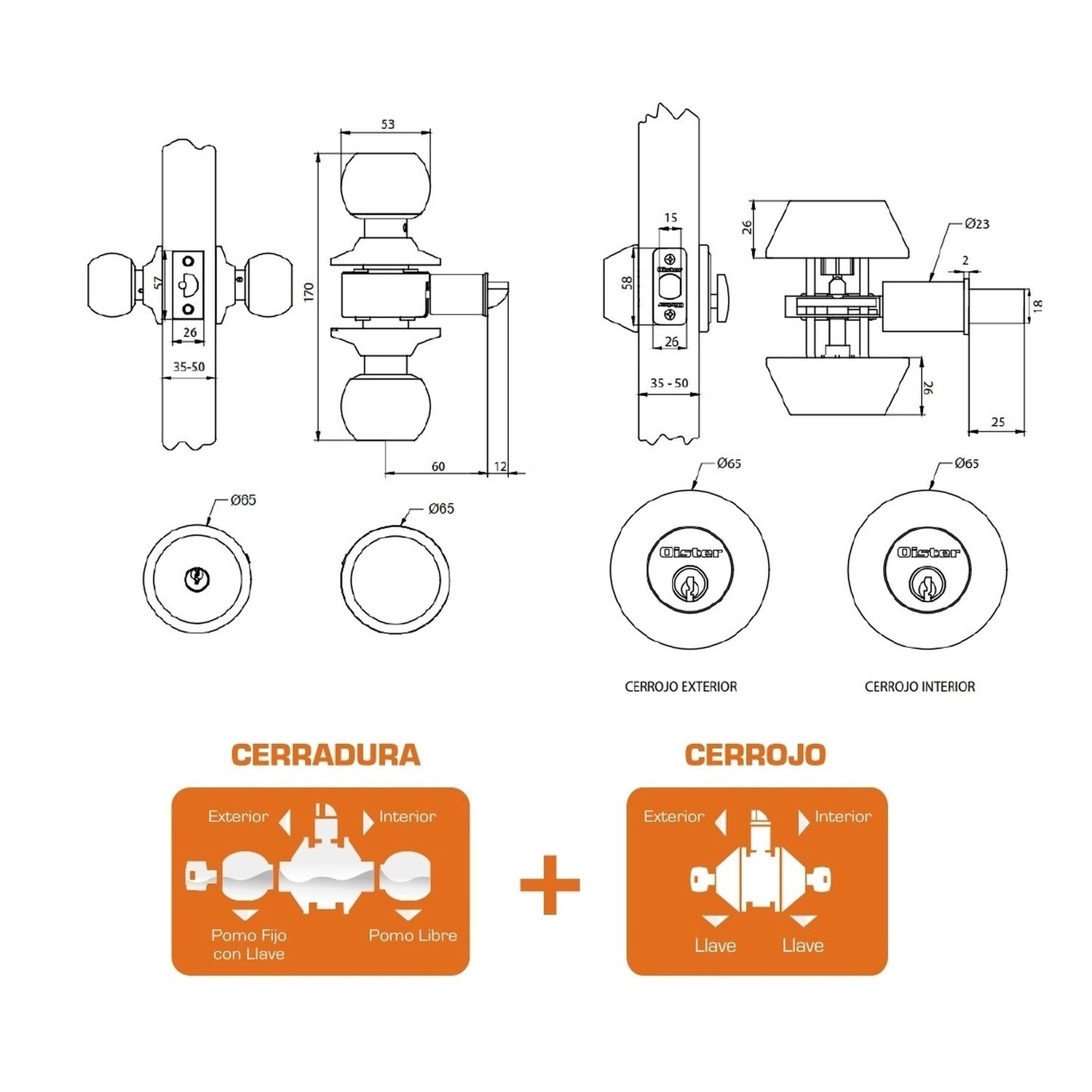 Kit Oister Igualado :cerradura Cil&iacute;ndrica Acceso + Cerrojo Llave-llave image number 2.0