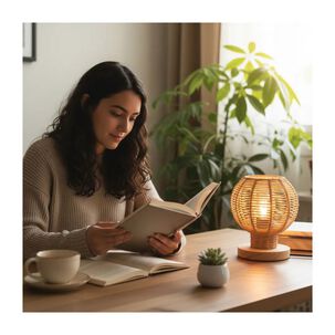 L&aacute;mpara Mesa Noche Tejido Estilo Boho Con Base Madera