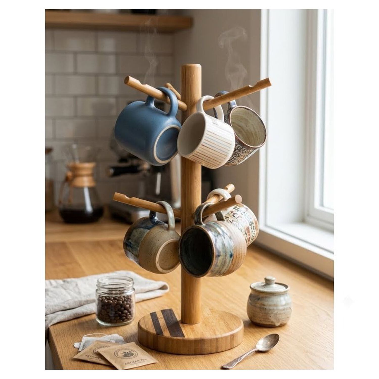 Porta Tazas Pie Bamb&uacute; 6 Ganchos &Aacute;rbol Organizador Cocina 33x12cm image number 1.0