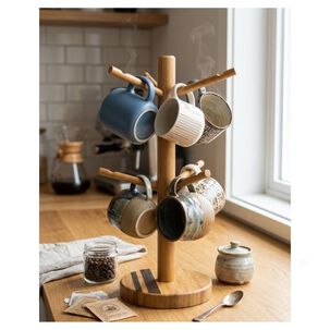 Porta Tazas Pie Bamb&uacute; 6 Ganchos &Aacute;rbol Organizador Cocina 33x12cm