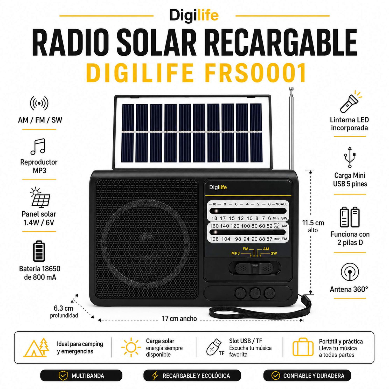 Radio Solar Recargable Multibanda Am/fm/ Sw/mp3/sd/ Linterna image number 6.0