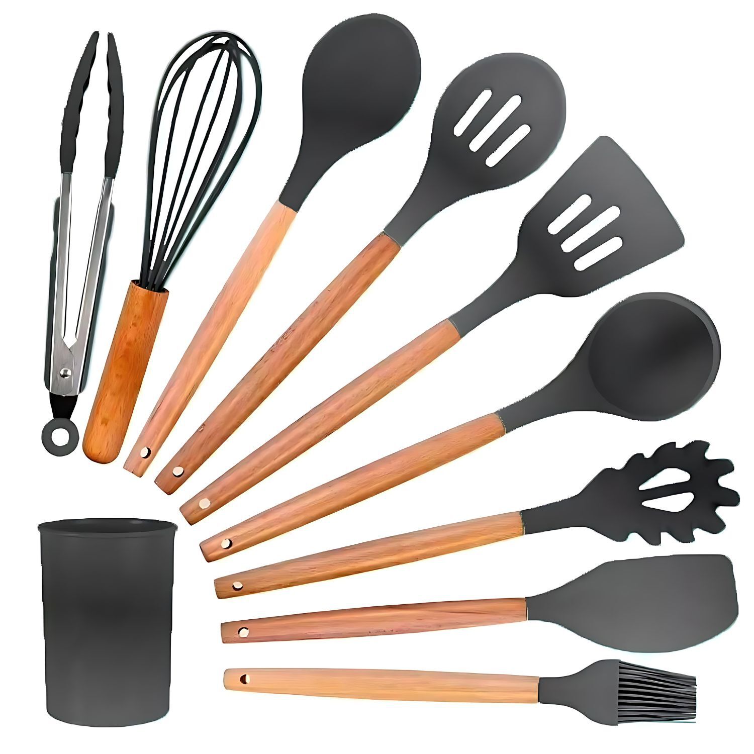 Set De Utensilios De Silicona Y Madera Para Cocina Gris image number 0.0