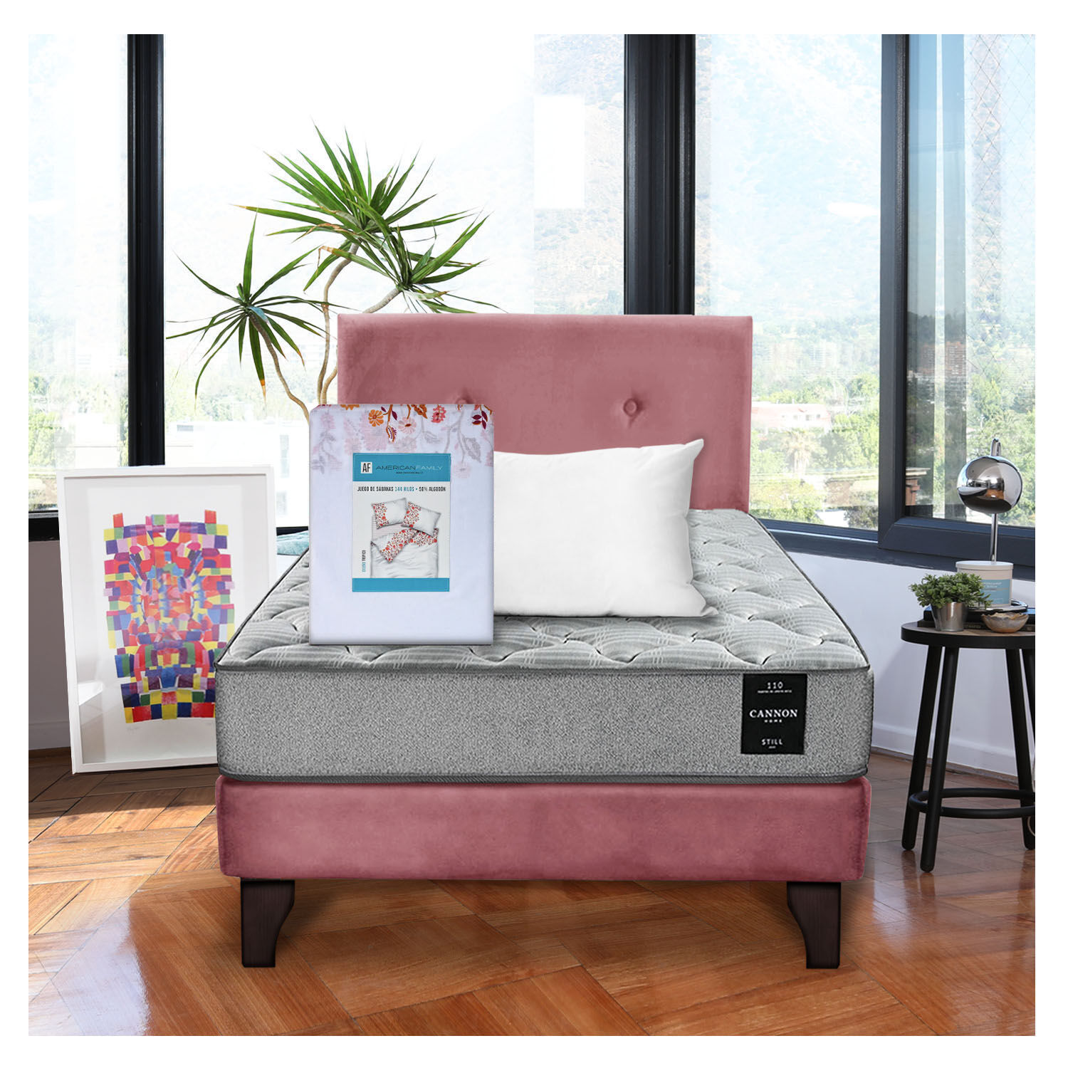Combo Cama Cannon 1 1/2 Plaza Textil + Respaldo Tela Palo Rosa image number 0.0