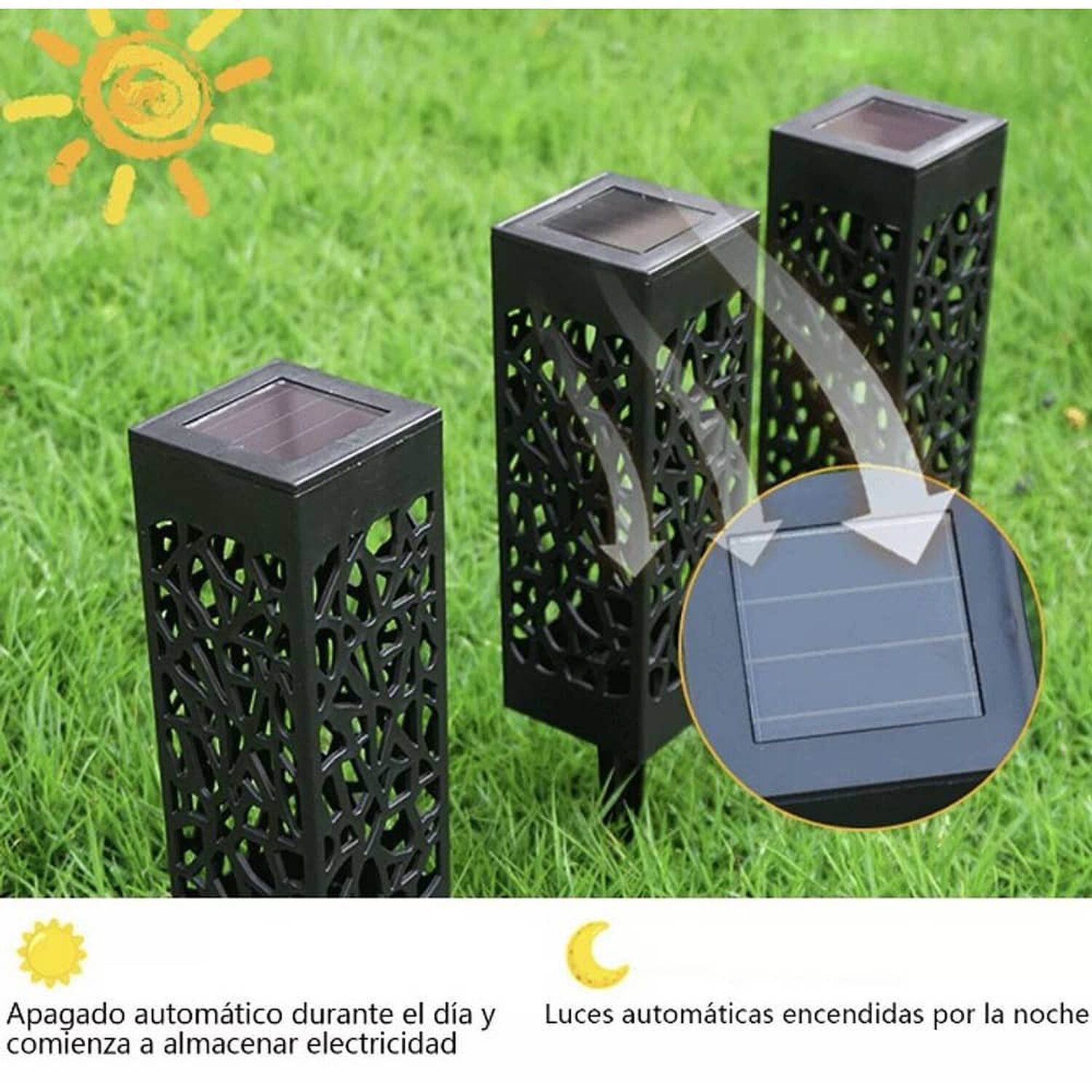Pack X8 Focos Luces Solares Estacas Tallado Jard&iacute;n Exterior image number 3.0