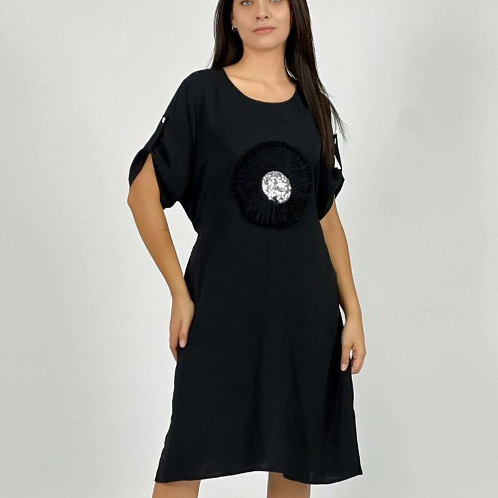 Vestido Crepe Holgado Circulo Con Brillo Beige Enigmática Boutique image number 2.0
