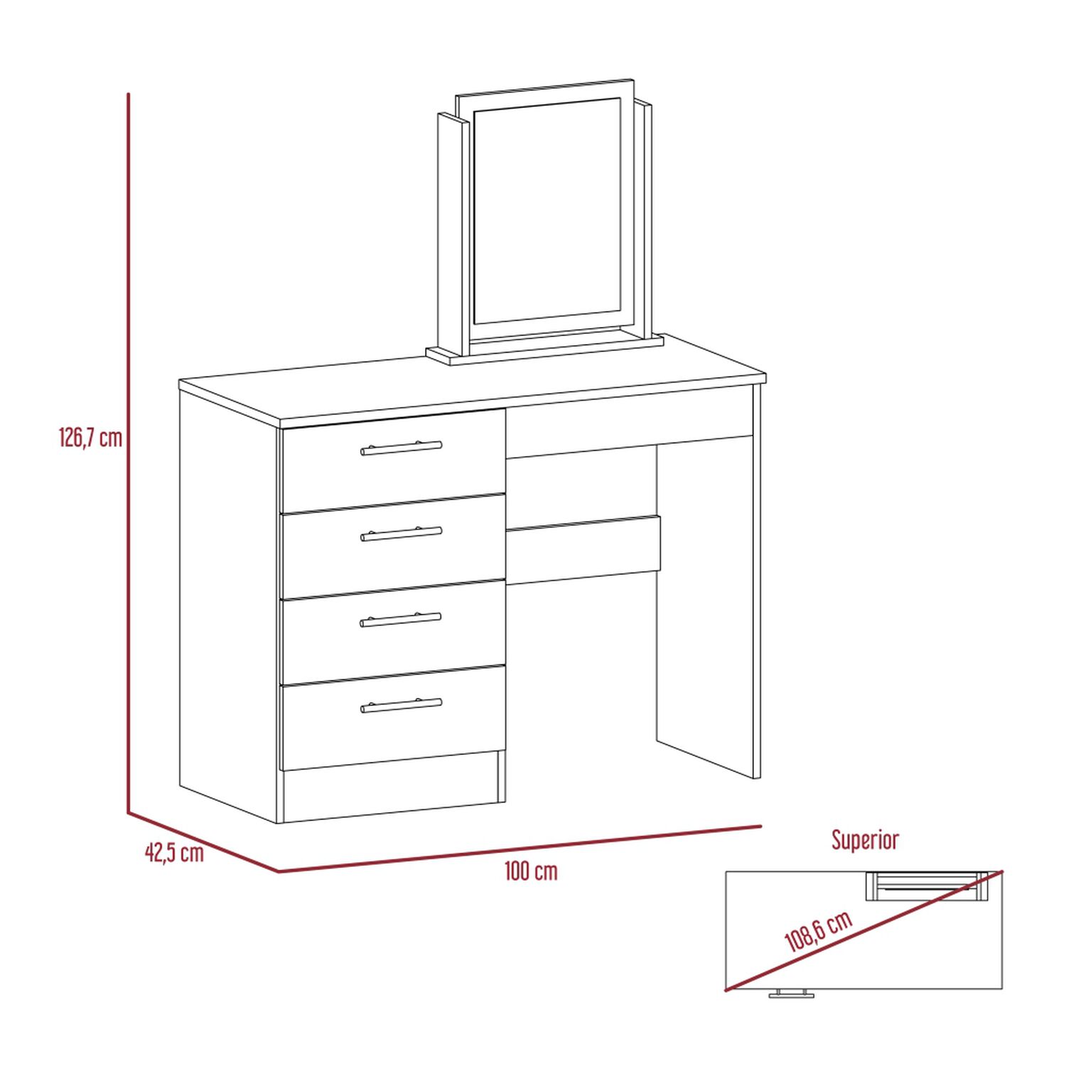 Mueble Tocador Con Espejo Y 4 Cajones + Silla image number 6.0
