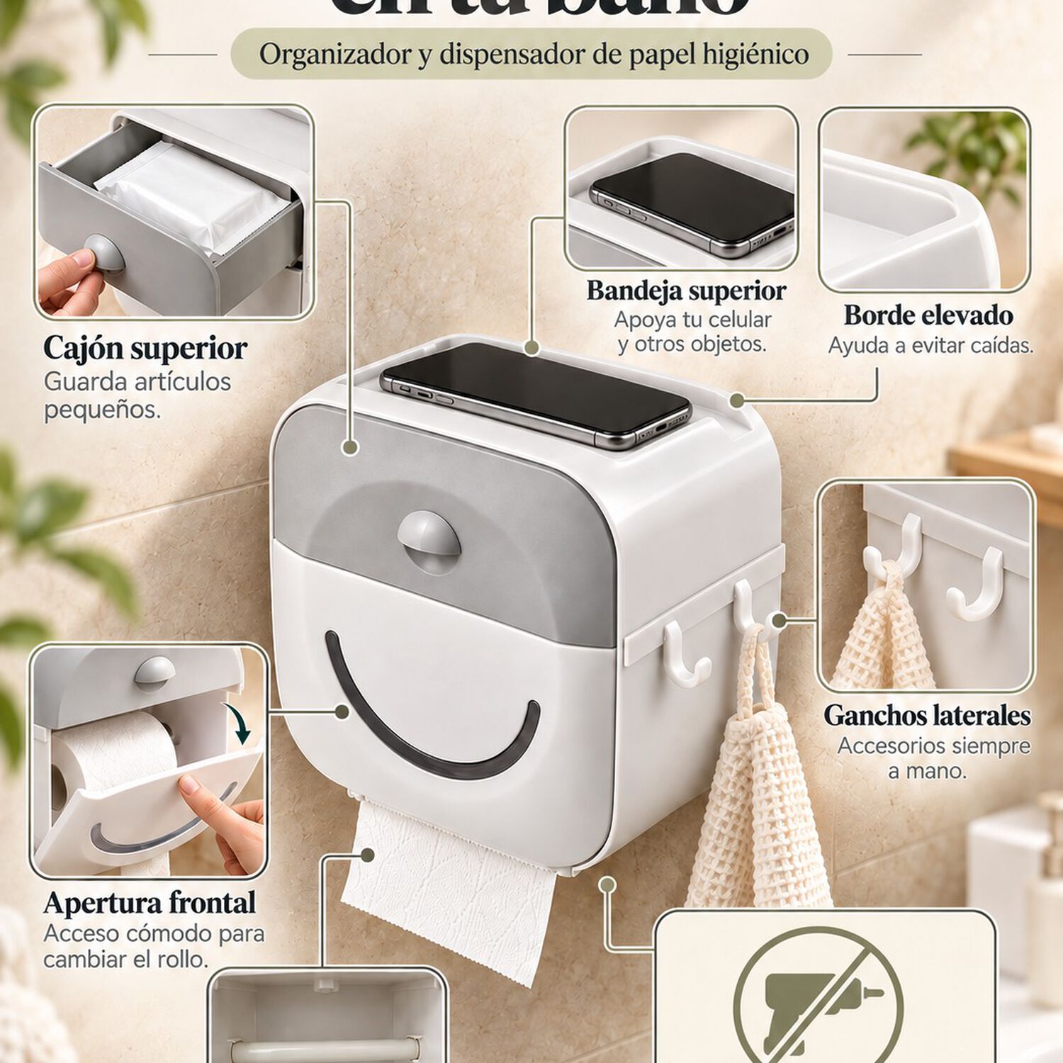 Dispensador Porta Confort Papel Higi&eacute;nico De Pared Con Caj&oacute;n Y Soporte Celular Gris image number 1.0