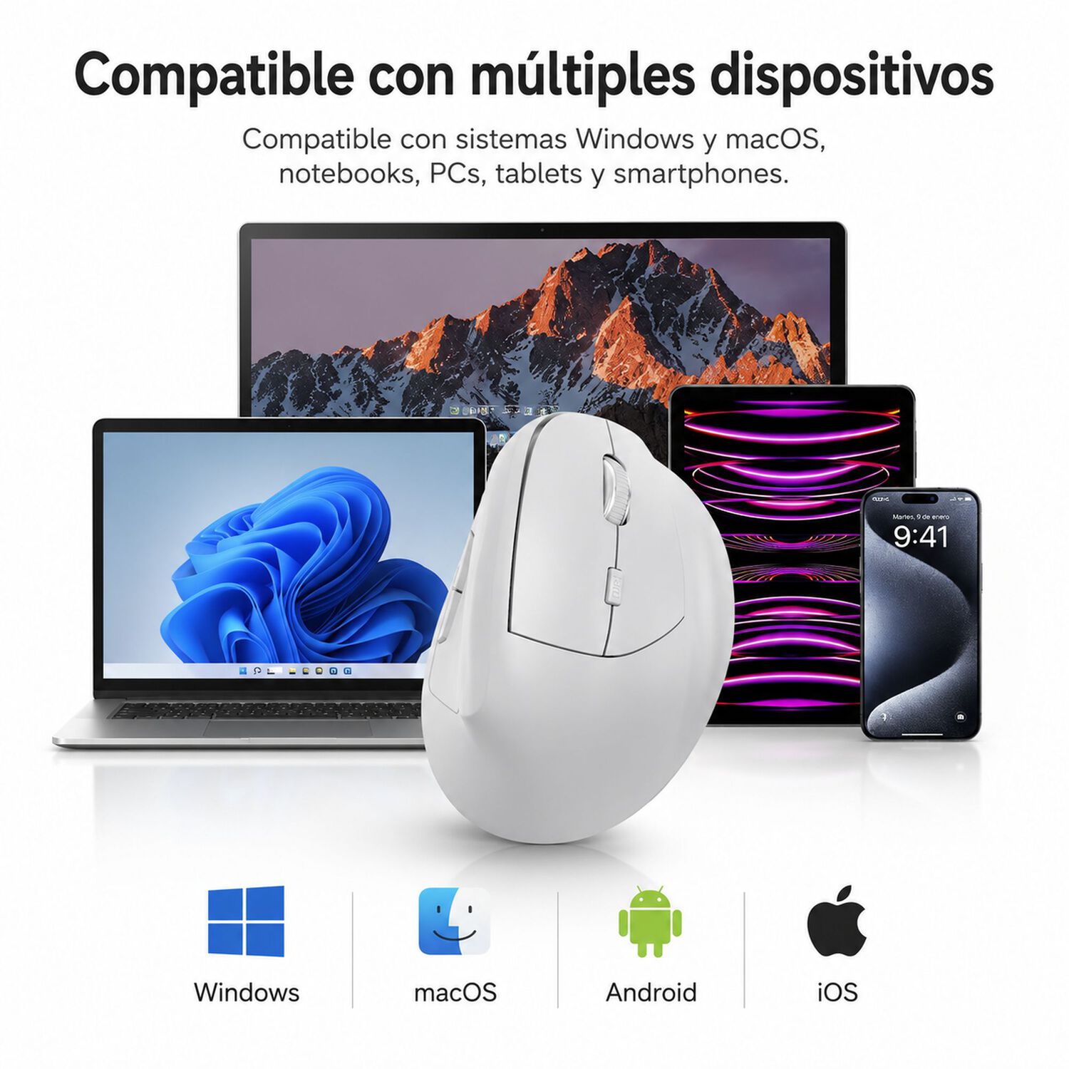 Mouse Vertical Ergon&oacute;mico Dual Wireless Recargable Blanco image number 9.0