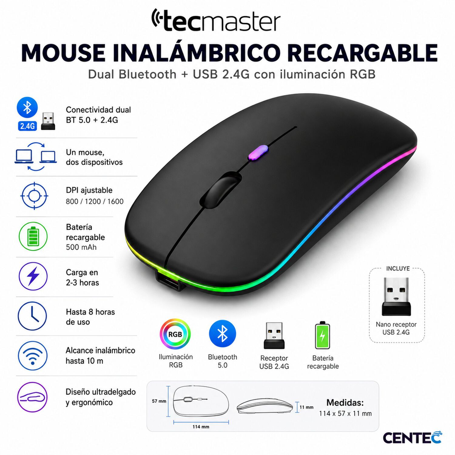 Mouse Inal&aacute;mbrico Dual Bluetooth + Usb 2g Recargable Rgb Bk image number 6.0