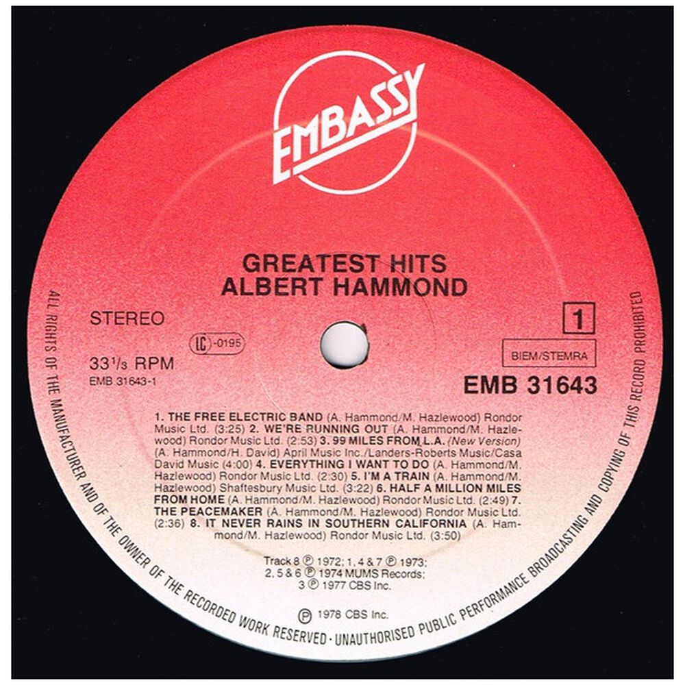 Albert Hammond - Greatest Hits | Vinilo Usado image number 2.0
