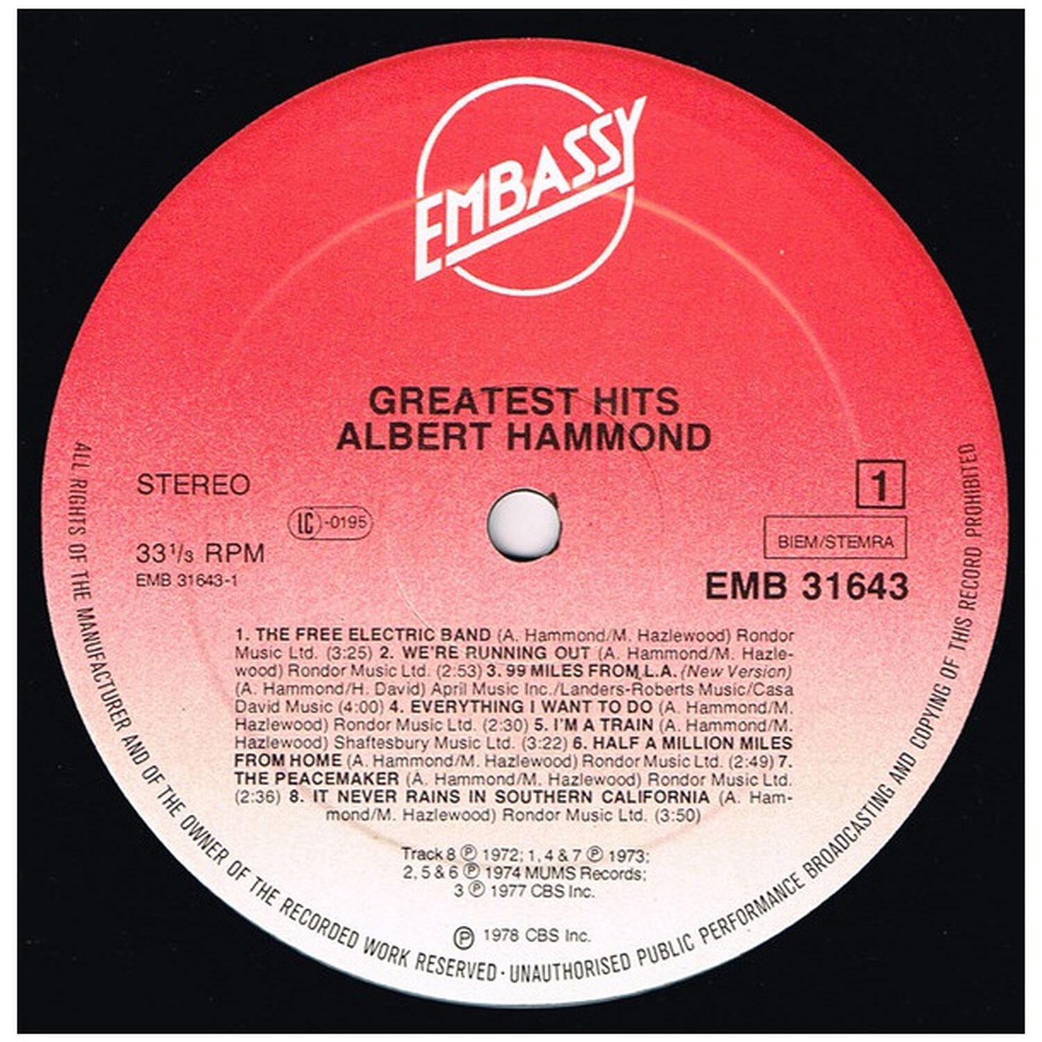 Albert Hammond - Greatest Hits | Vinilo Usado image number 2.0