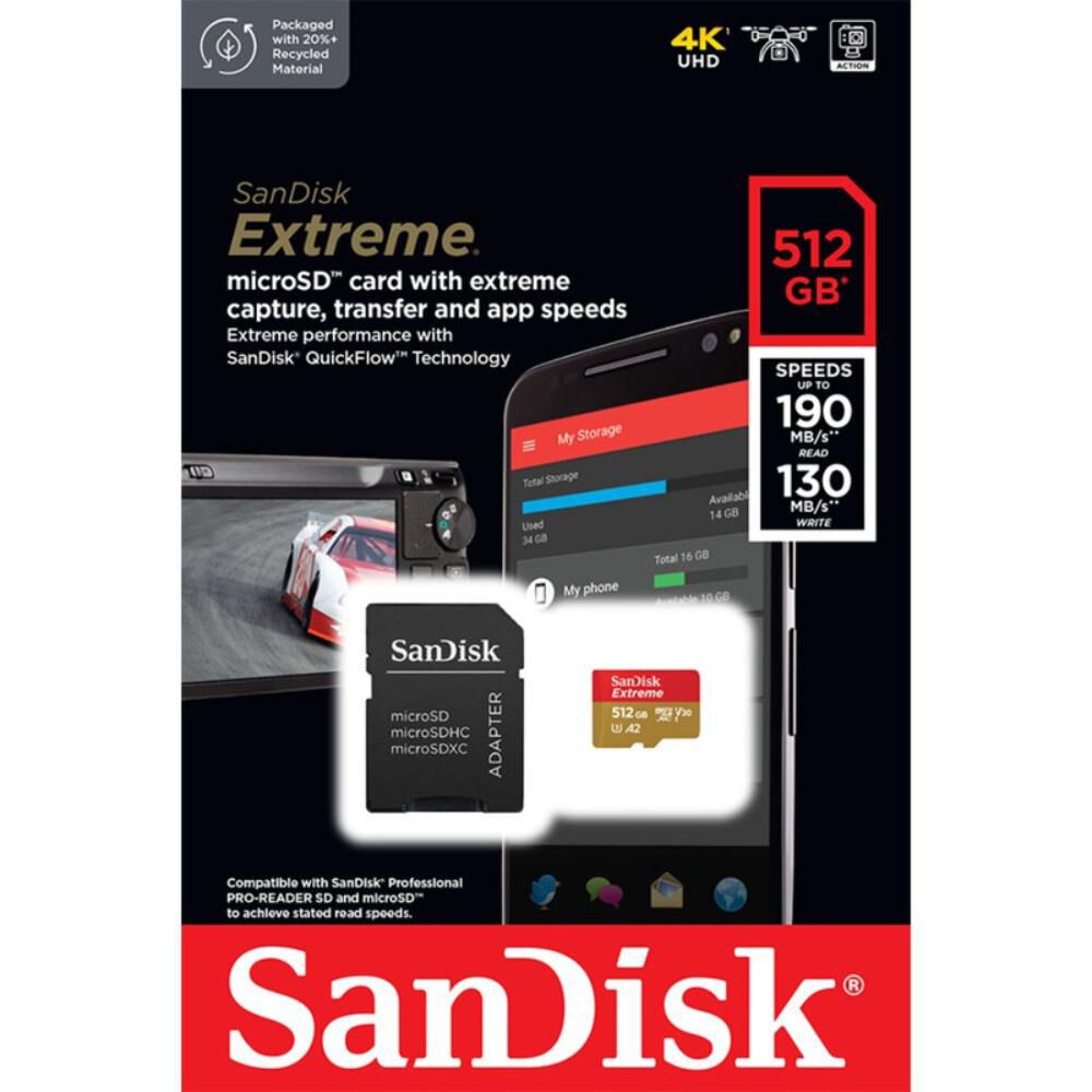 Tarjeta Microsd 512gb Sandisk Extreme Uhs-i U3 A2 Adaptador image number 0.0