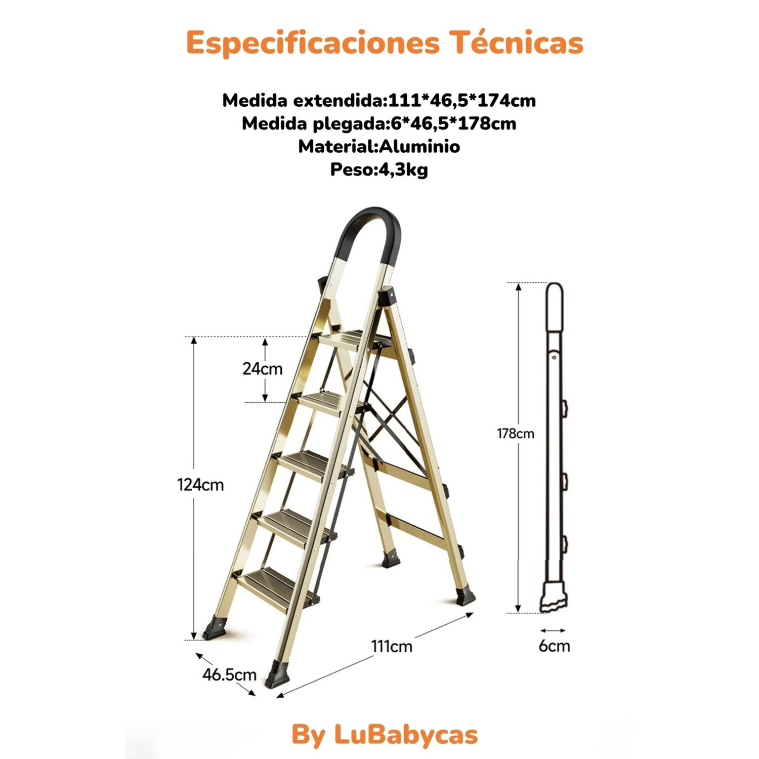 Escalera De Aluminio Dorada 5 Escalones By Lubabycas image number 1.0