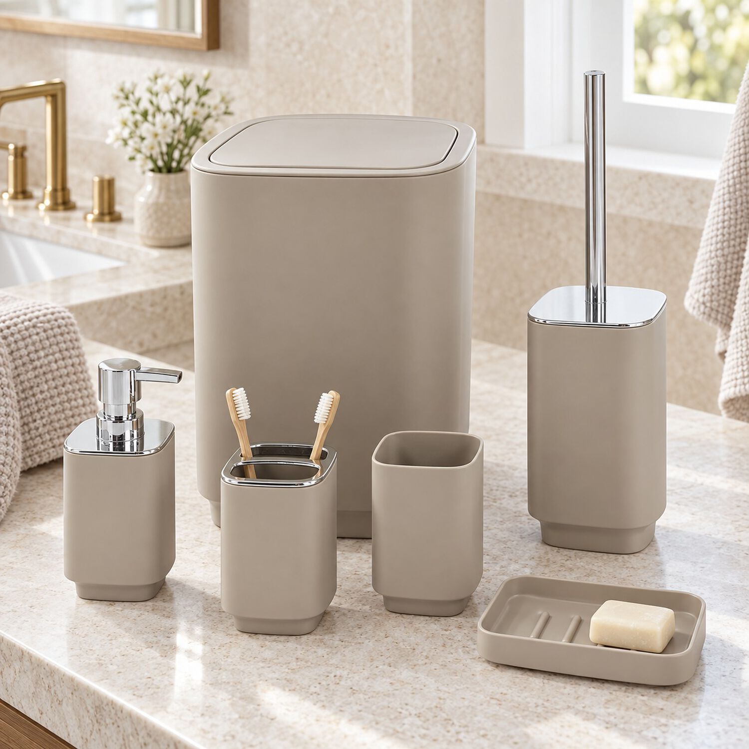 Set De Ba&ntilde;o Completo 6 Piezas De Abs Con Basurero Dispensador Y Escobilla Color Taupe image number 0.0