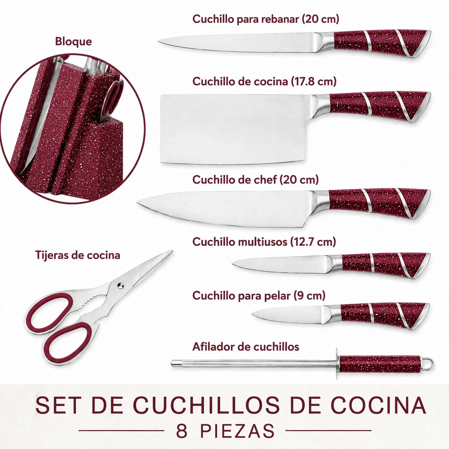 Set Cuchillos De Cocina 8 Piezas Con Base Marble De Lux Color Burdeo image number 5.0