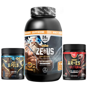 Pack Whey Protein Zeuscomplex 1 Kg + Creatina + Pre Entreno Cappuccino
