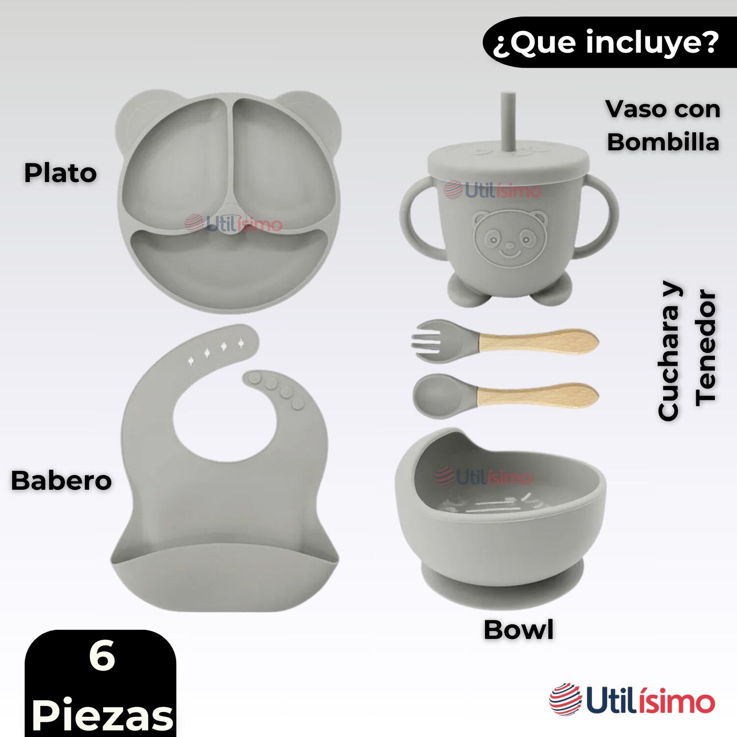 Set De Alimentaci&oacute;n Beb&eacute; Silicona De Oso 6 Piezas Libre Bpa Color Gris image number 6.0