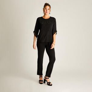 Polera Strass Aplicación Gasa Manga 3/4 Cuello Redondo Mujer Lorenzo Di Pontti