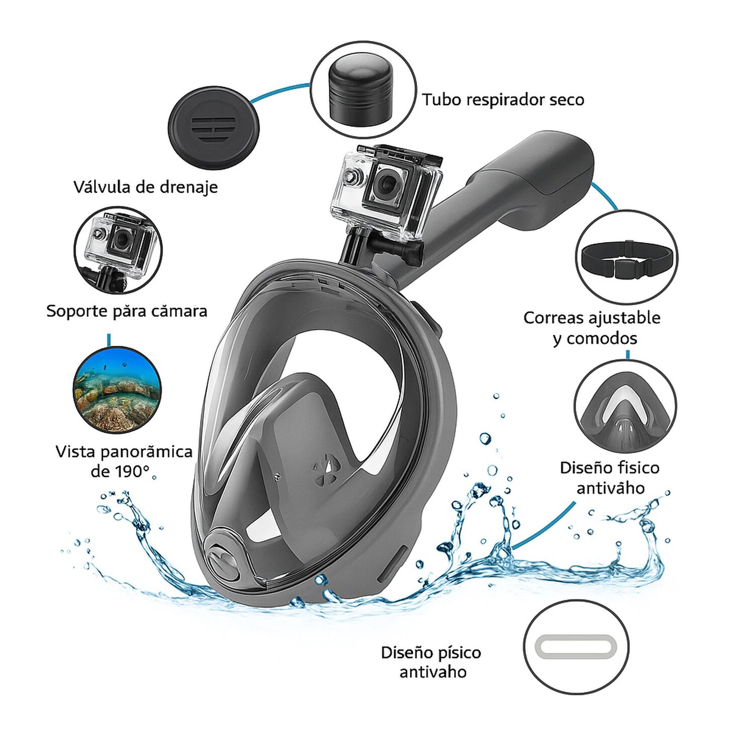 Mascara Snorkel Mascara Buceo Snorkel Fullface Go Pro image number 8.0