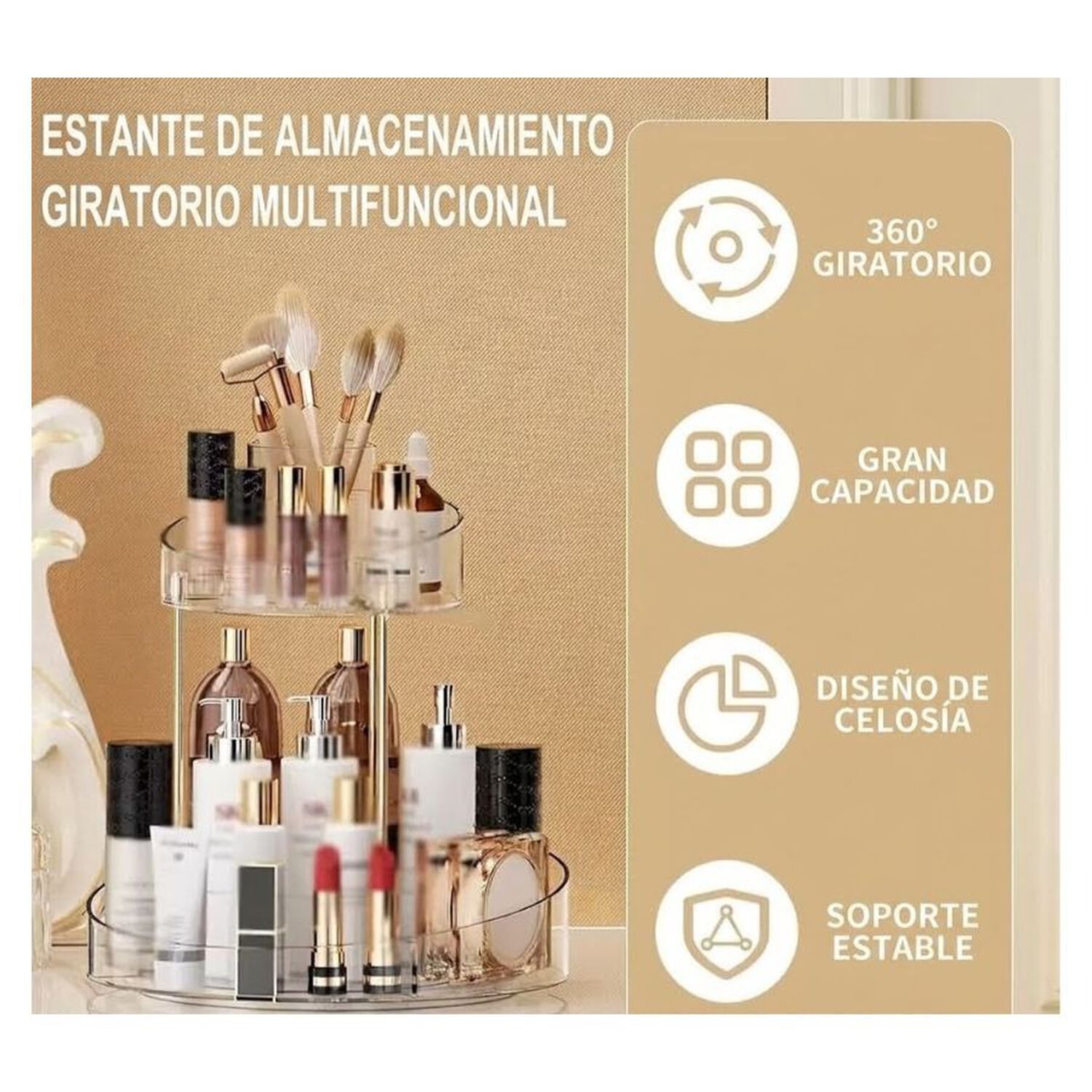 Organizador Maquillaje Giratorio 2 Niveles Rotaci&oacute;n 360 Gris image number 3.0