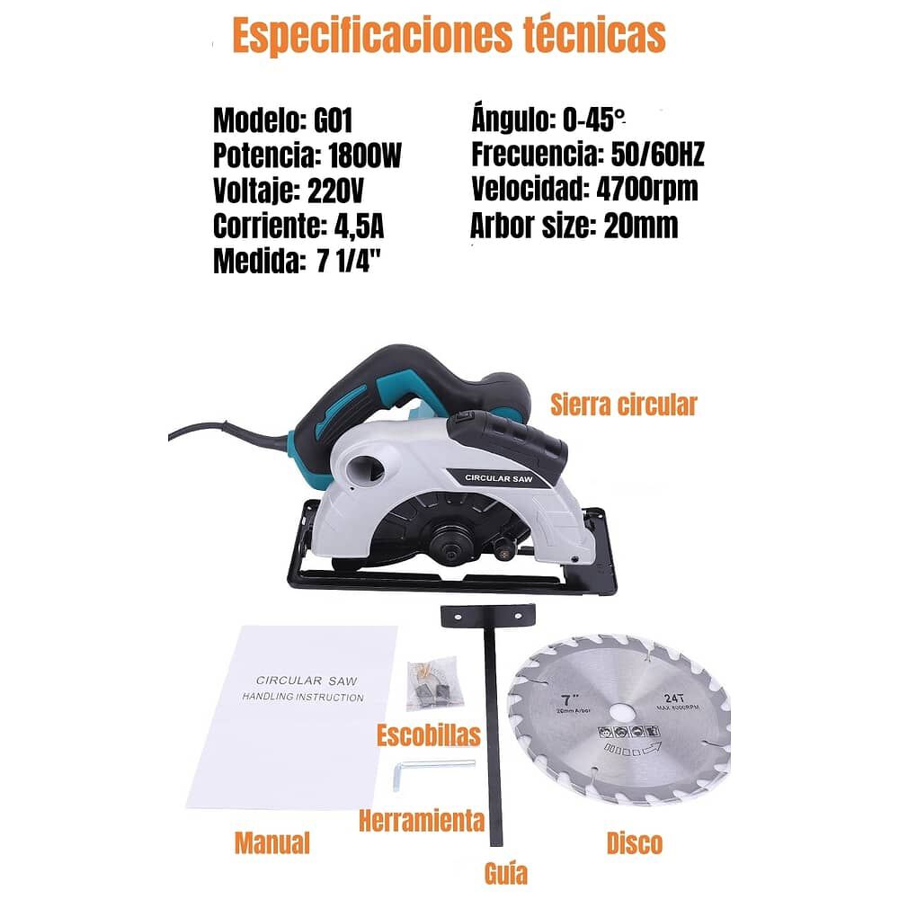 Sierra Circular El&eacute;ctrica Con L&aacute;ser 7-1/4" 1800w G01 image number 7.0