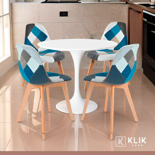 Comedor Mesa Tulip Blanca 80cm + 4 Sillas Patchwork Wood Cel