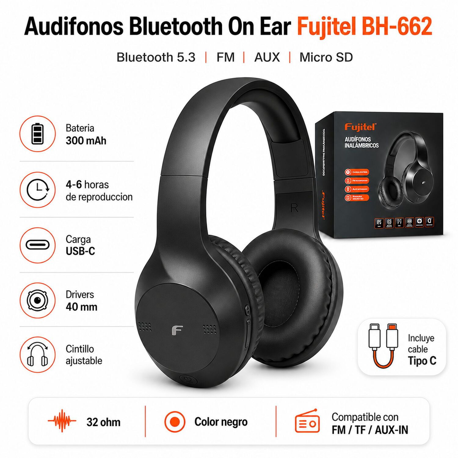 Aud&iacute;fonos Inal&aacute;mbricos On Ear Bluetooth Black Edition image number 4.0
