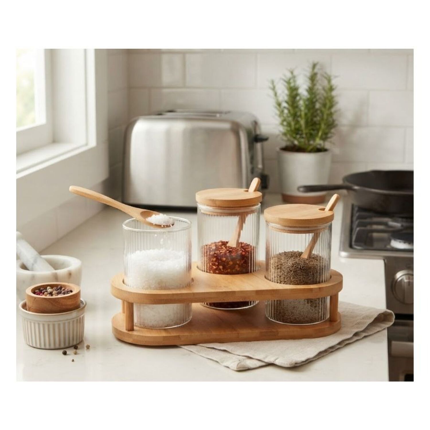 Organizador Cocina 3 Frascos Condimenteros Vidrio Bamb&uacute; Cucharas image number 1.0