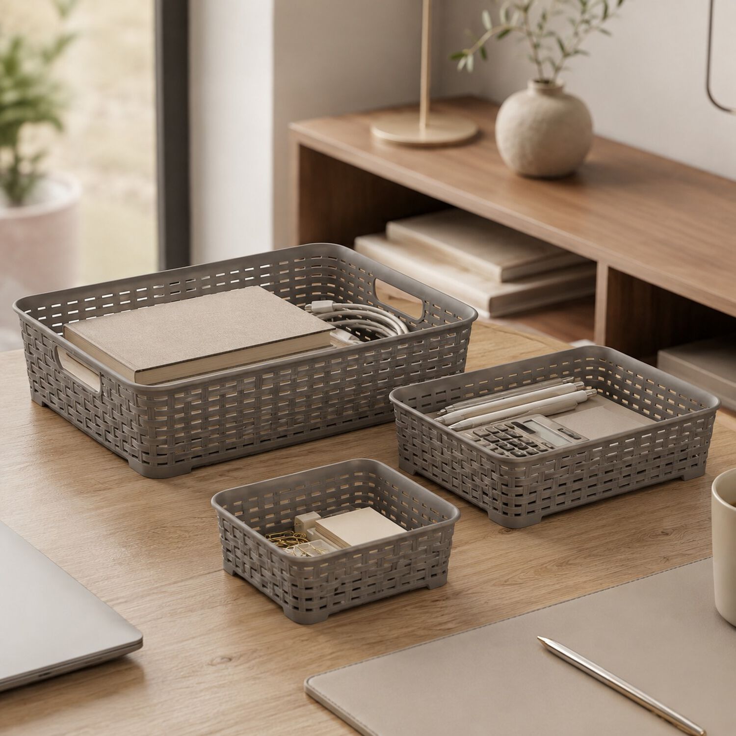 Set De 3 Canastillas Canastas Organizadores Multiusos Tavarua Reyplast Color Taupe image number 6.0