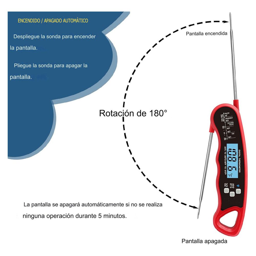 Termómetro Digital Plegable Cocina Carnes Líquidos Rojo image number 2.0