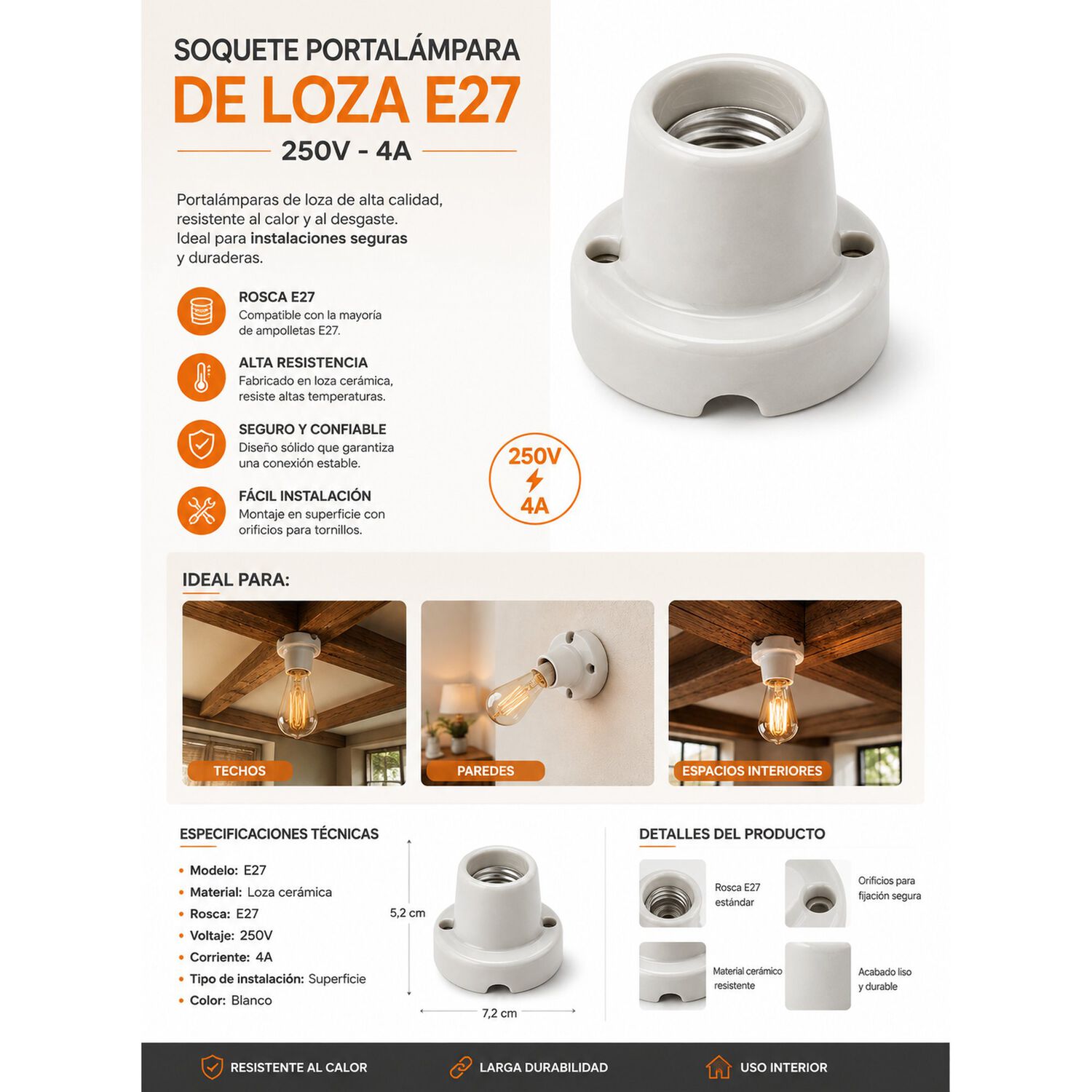 Soquete Portalampara Loza E27 250v 4a Certificado Sec image number 4.0