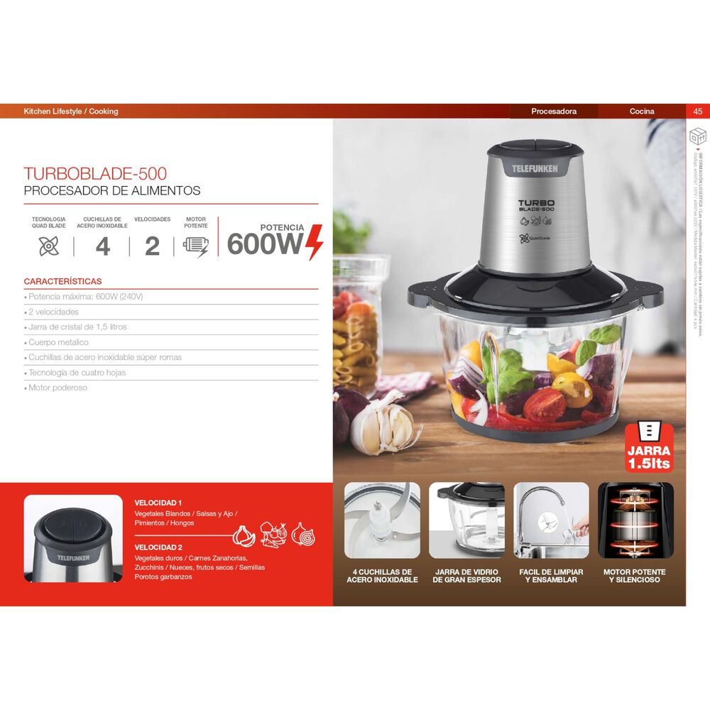 Picadora De Alimentos Turbo Blade 600w Bowl Vidrio 1.5 Lt image number 8.0
