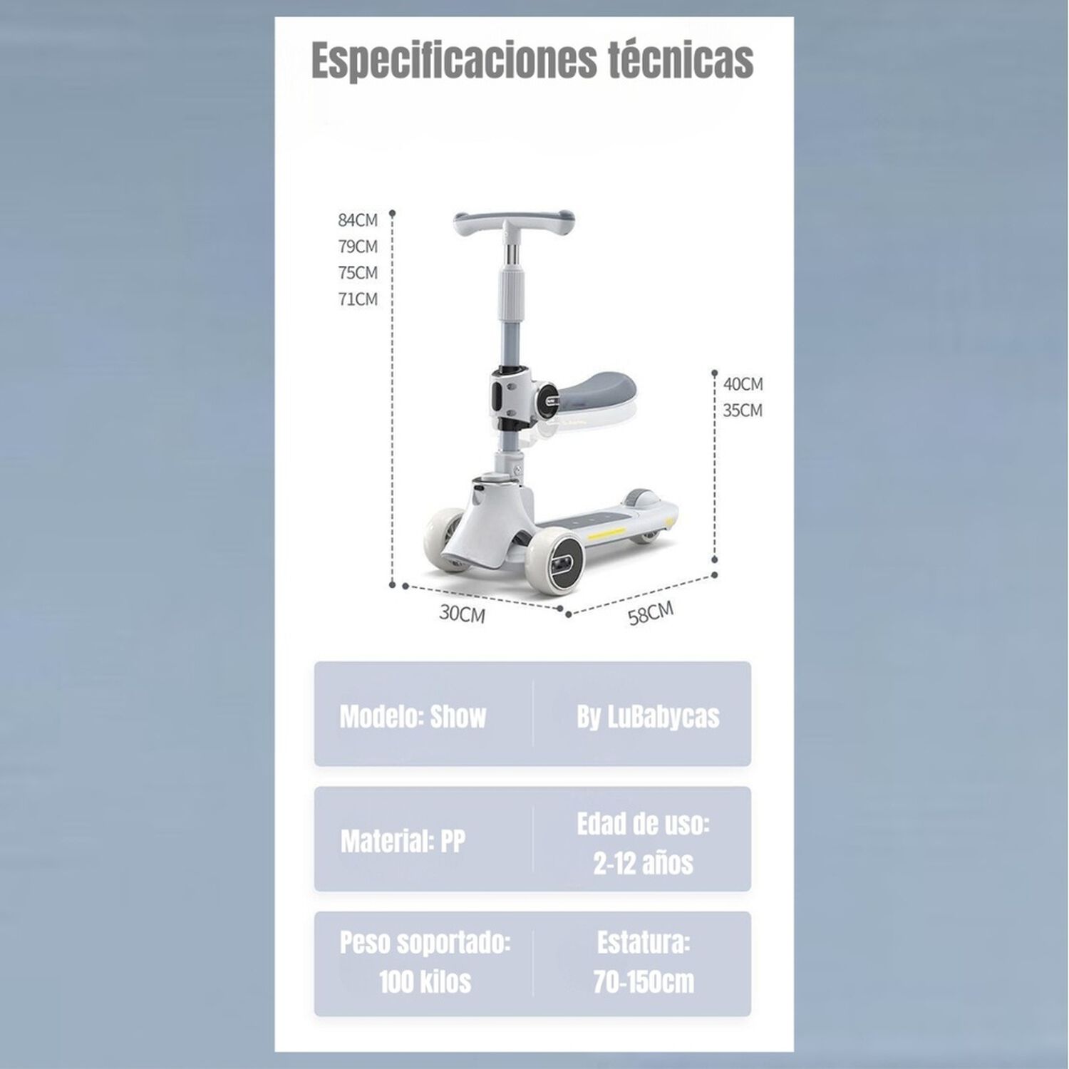 Scooter 3 Ruedas 2 En 1 &Uacute;ltra Resistente Lubabycas Gris image number 13.0
