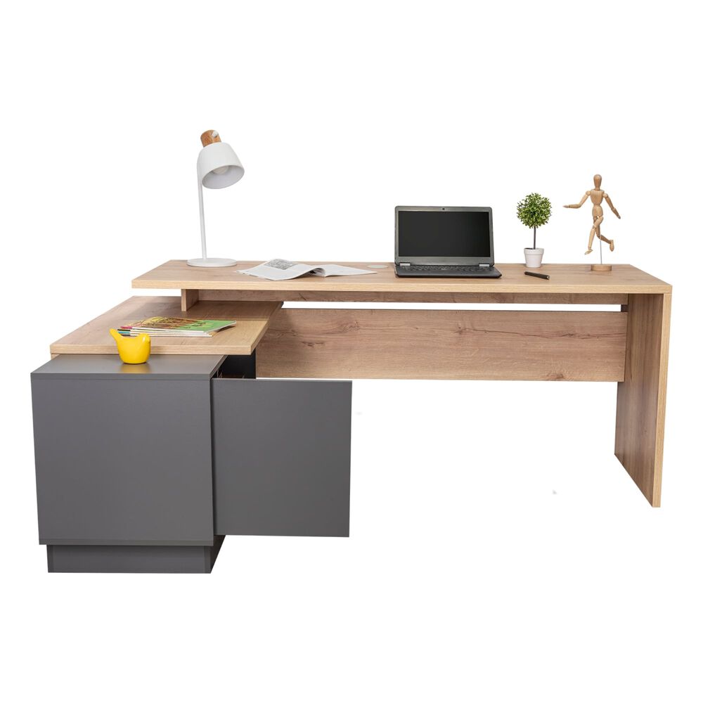 Escritorio En L 1 Puerta Y Estantes Fm-015c Caf&eacute; Claro Y Plomo image number 2.0