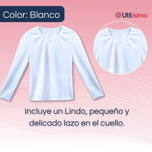 Pack 3 Camisetas Algod&oacute;n Manga Larga Polera Ni&ntilde;a Primera Capa Cuello Redondo Blanca