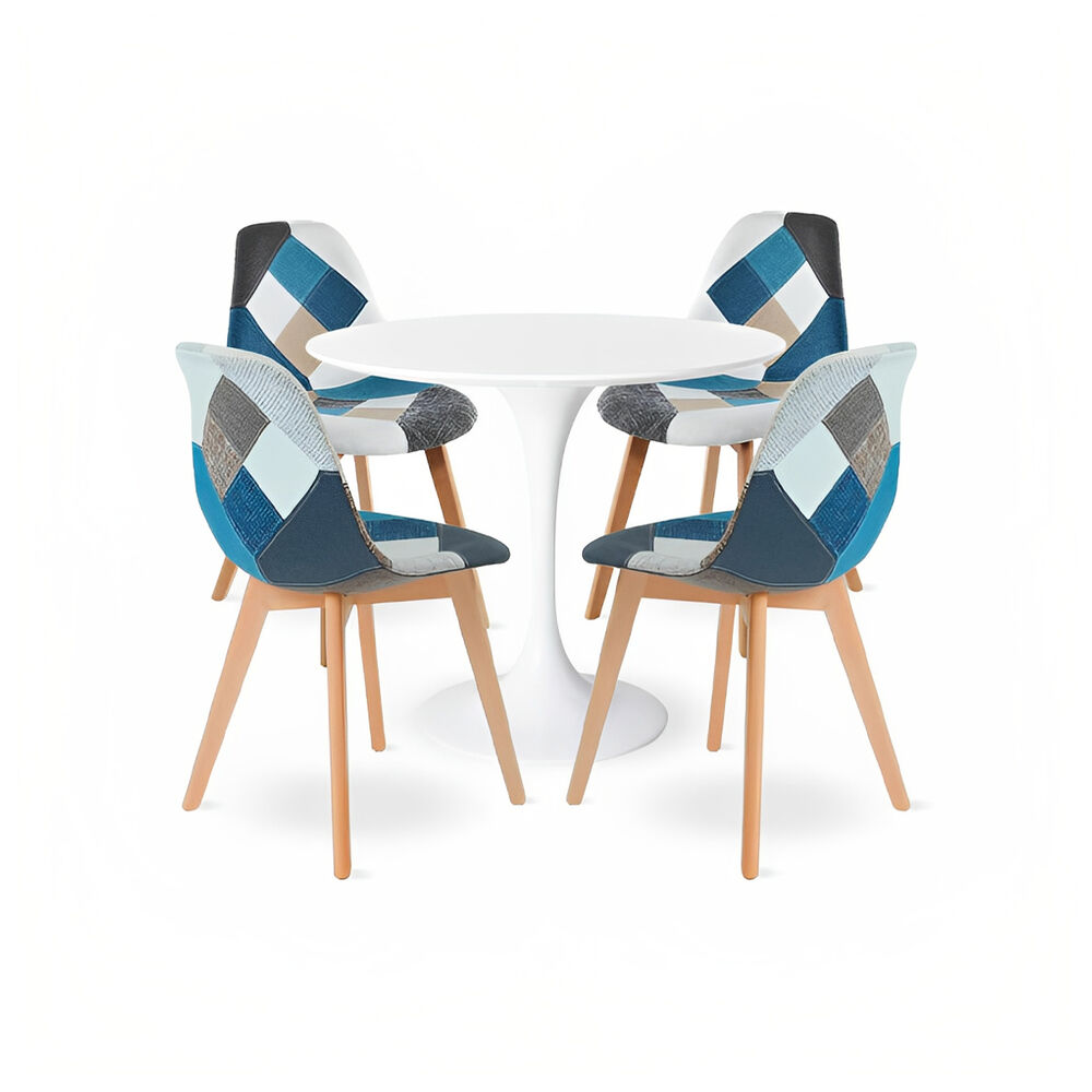 Comedor Mesa Tulip Blanca 80cm + 4 Sillas Patchwork Wood Cel image number 0.0