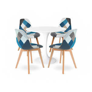 Comedor Mesa Tulip Blanca 80cm + 4 Sillas Patchwork Wood Cel