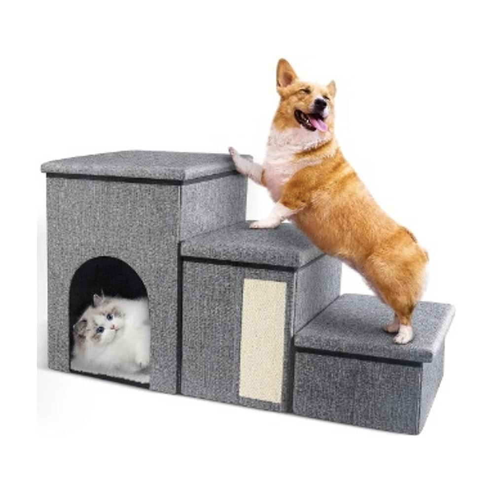 Escalera Mascota Perro Gato Con Almacenamiento Plegable Gris image number 0.0