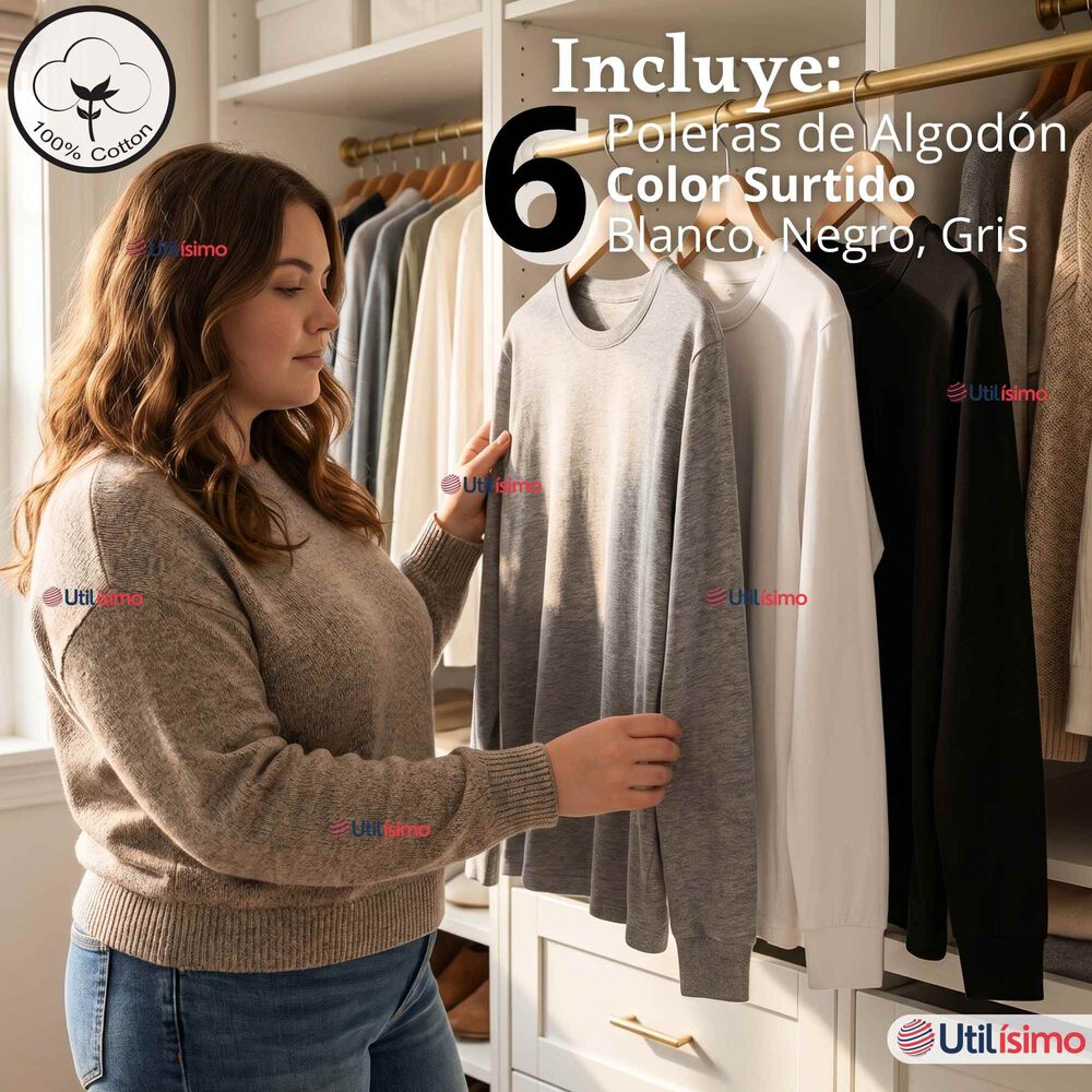 Pack 6 Camisetas Poleras Algod&oacute;n Manga Larga Cuello Redondo Primera Capa Mujer image number 1.0