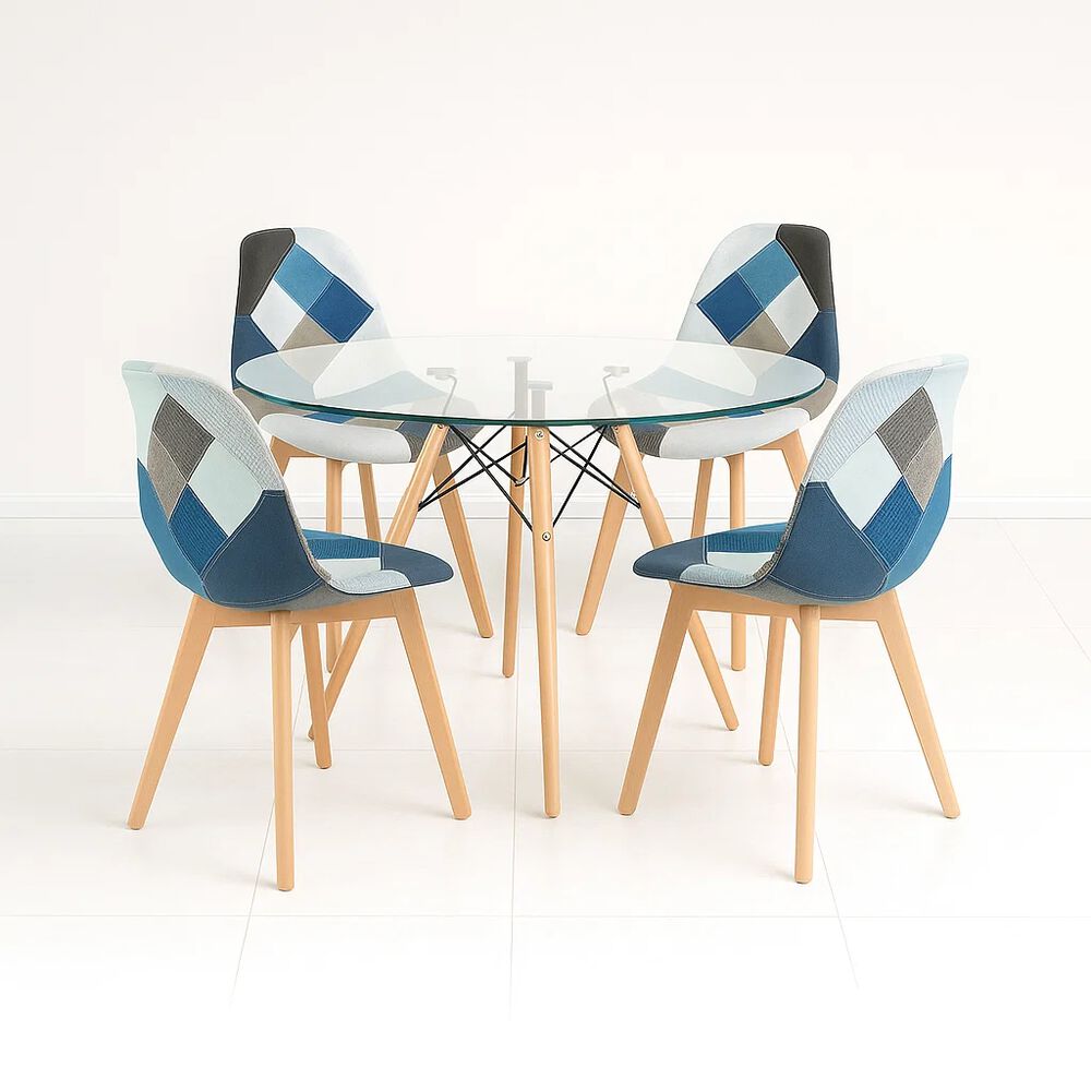 Comedor Mesa Eames Redonda Vidrio 100cm + 4 Sillas Eames Patchwork Tela Wood Celeste image number 0.0