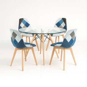 Comedor Mesa Eames Redonda Vidrio 100cm + 4 Sillas Eames Patchwork Tela Wood Celeste