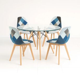 Comedor Mesa Eames Redonda Vidrio 100cm + 4 Sillas Eames Patchwork Tela Wood Celeste