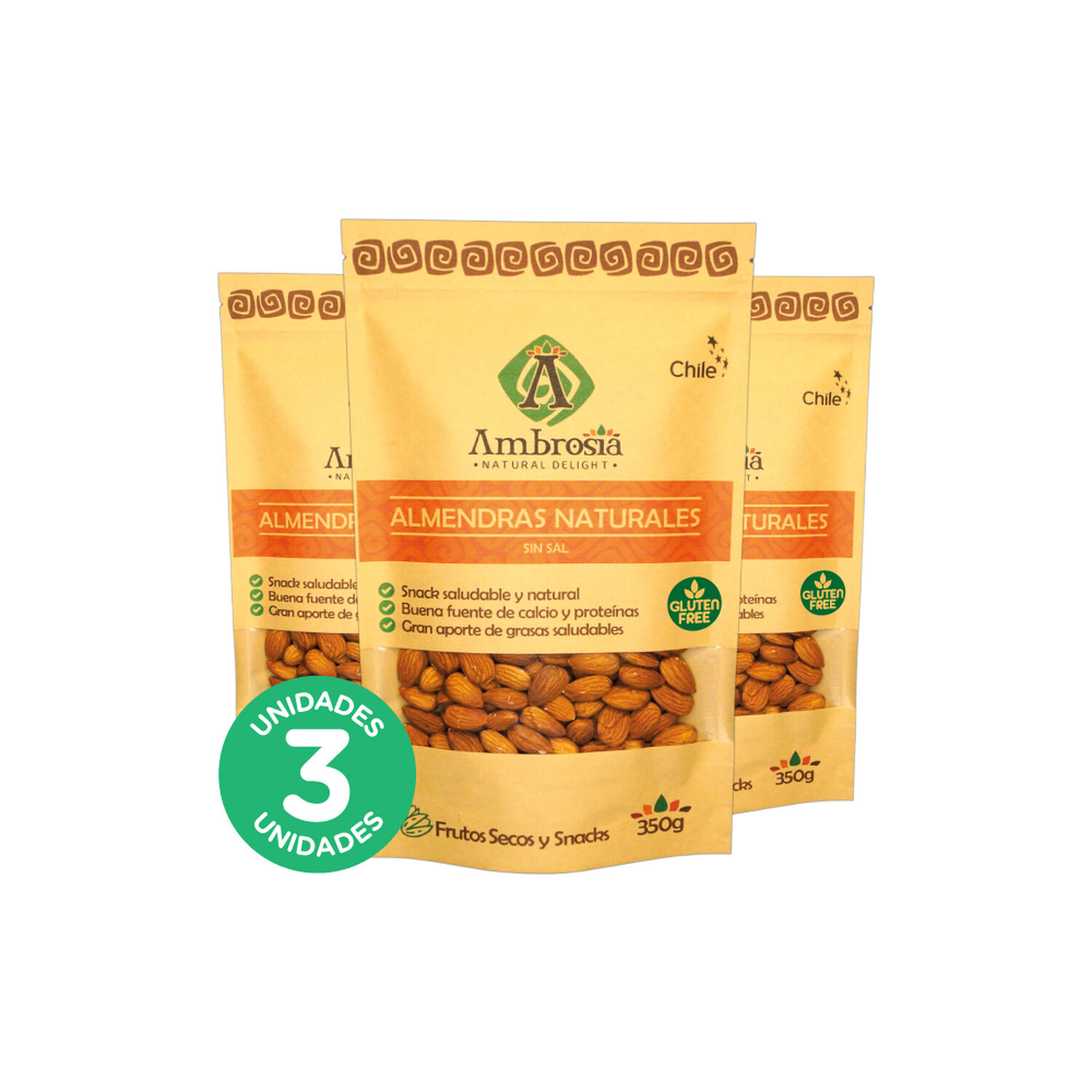 Pack 3, Snack Vegano Almendras Naturales Sin Sal 350gr. image number 0.0