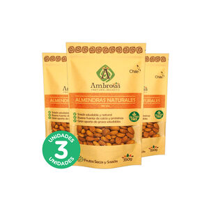 Pack 3, Snack Vegano Almendras Naturales Sin Sal 350gr.