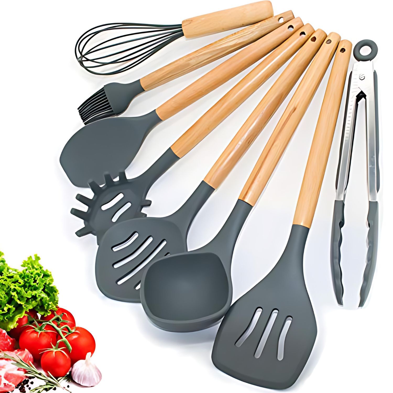 Set De Utensilios De Silicona Y Madera Para Cocina Gris image number 2.0