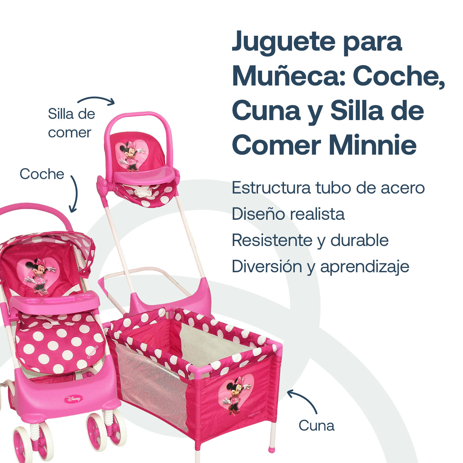 Juguete Para Mu&ntilde;eca Coche, Cuna Y Silla De Comer Minnie image number 2.0