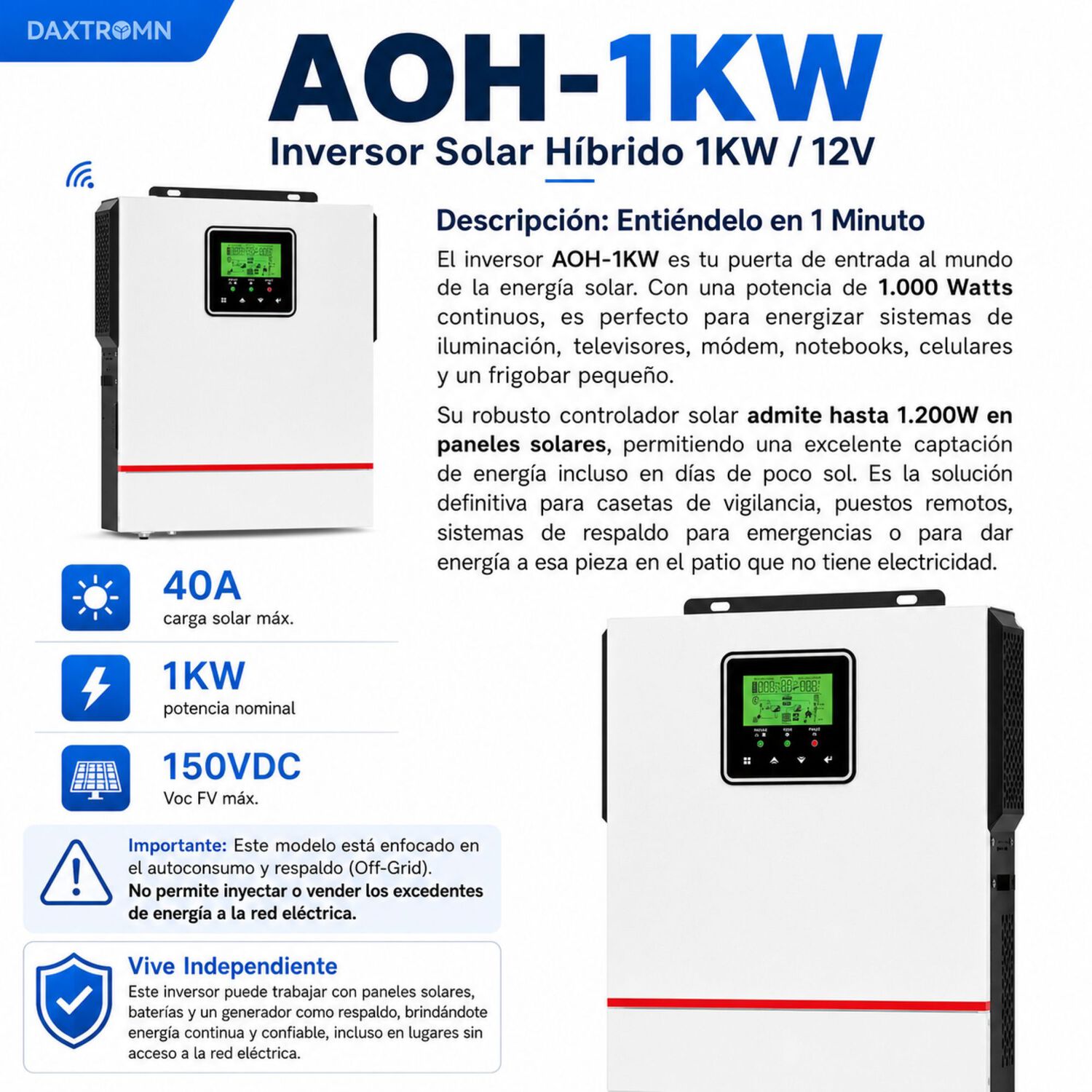 Inversor Solar 1000w 12v Potencia M&aacute;xima 2000w image number 2.0