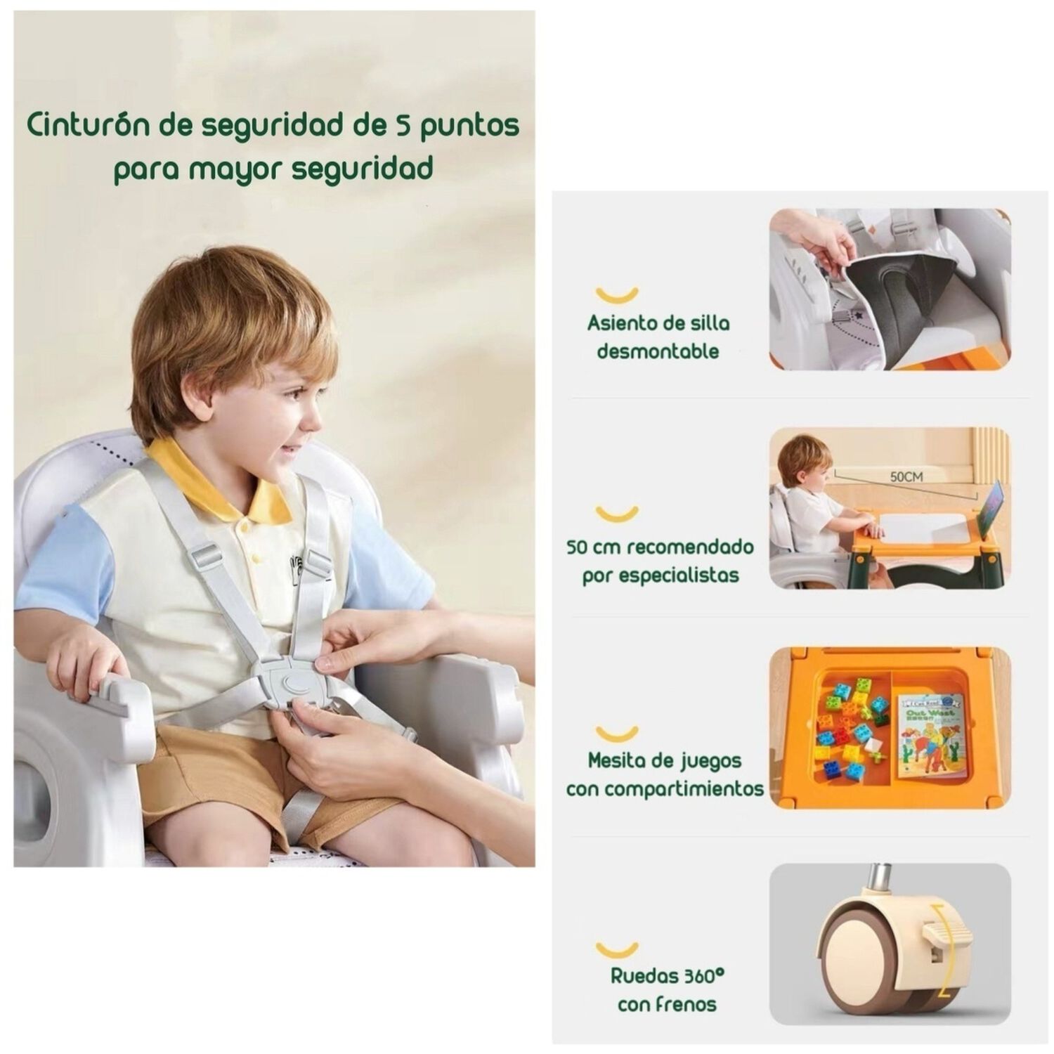 Silla De Comer Multifuncional Con Ruedas Naranja Lubabycas image number 4.0