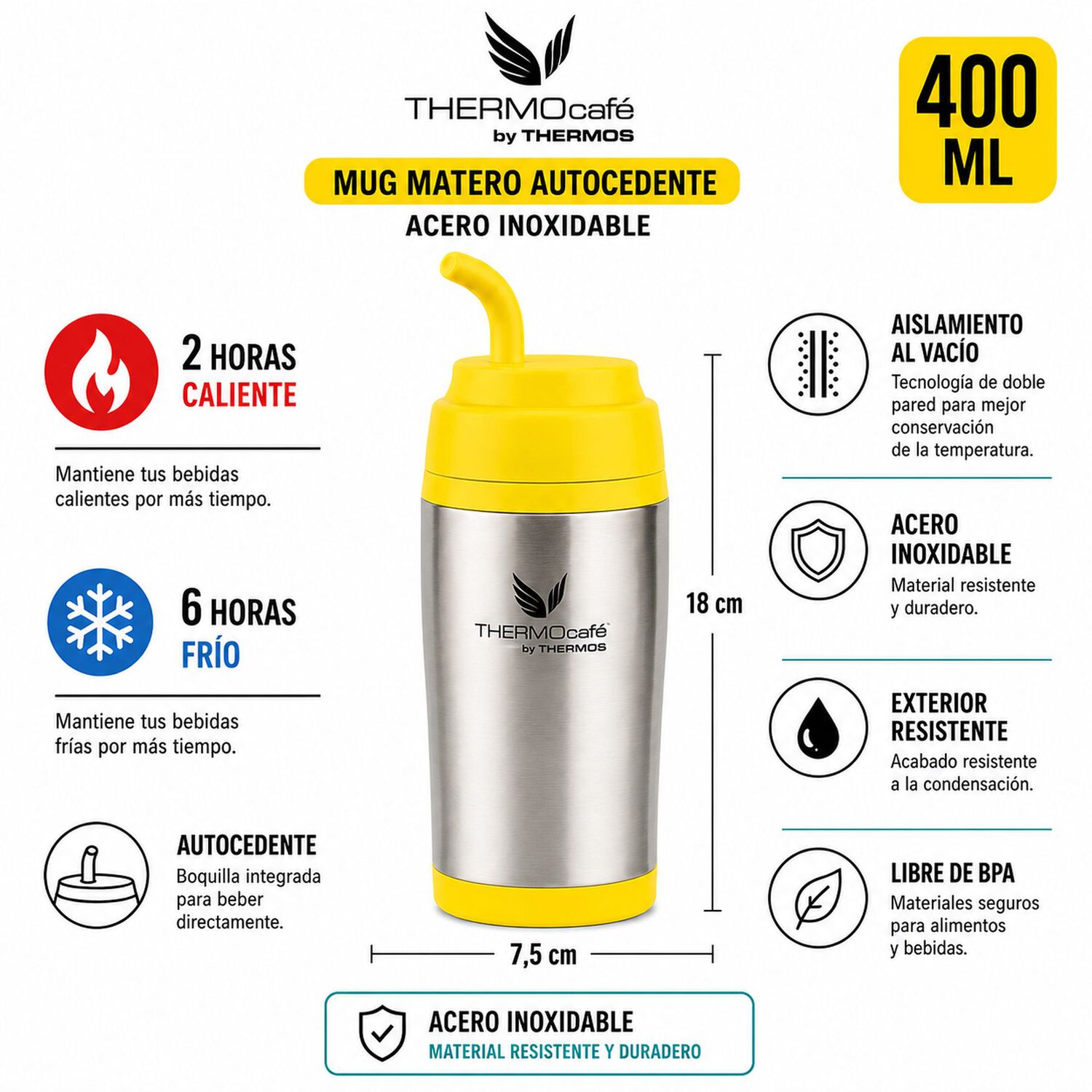 Vaso T&eacute;rmico Mug Matero Inoxidable Thermos Amarillo 400ml image number 4.0